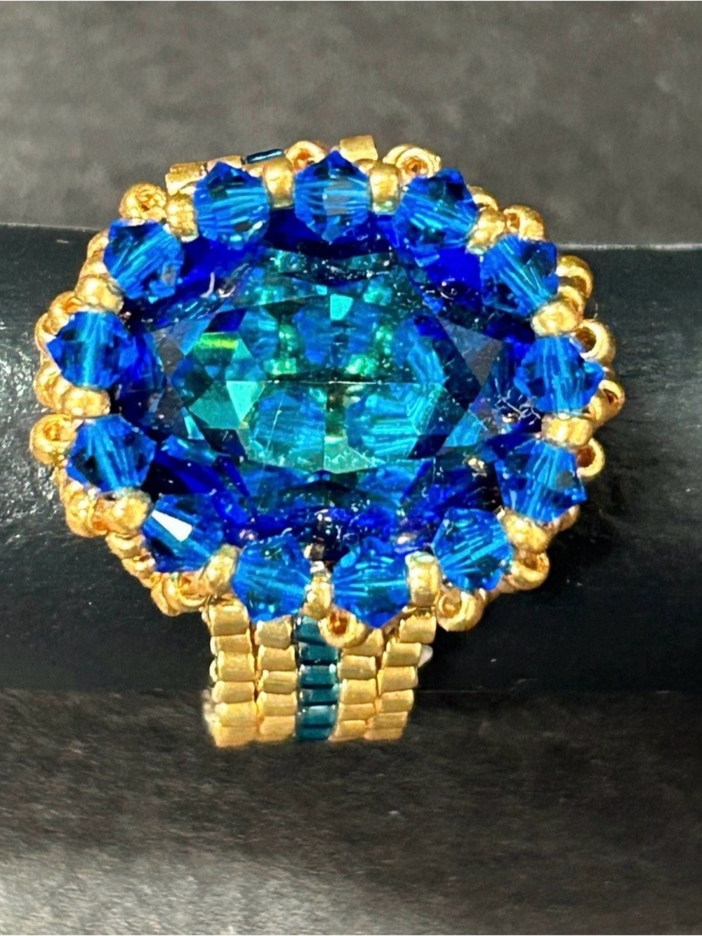 Hand Bezeled Caribbean Blue Swarovski Rivoli Statement Ring - Gold Tone